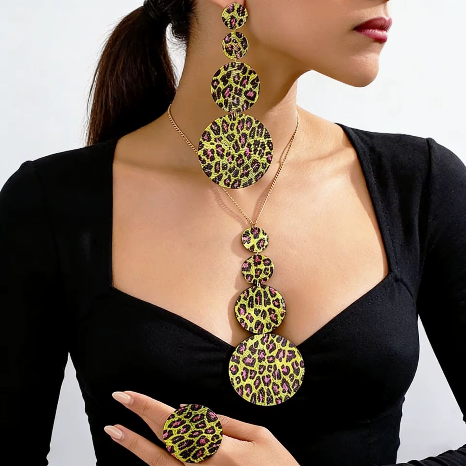 Chunky Punk Party Leopard Jewelry Set-Green