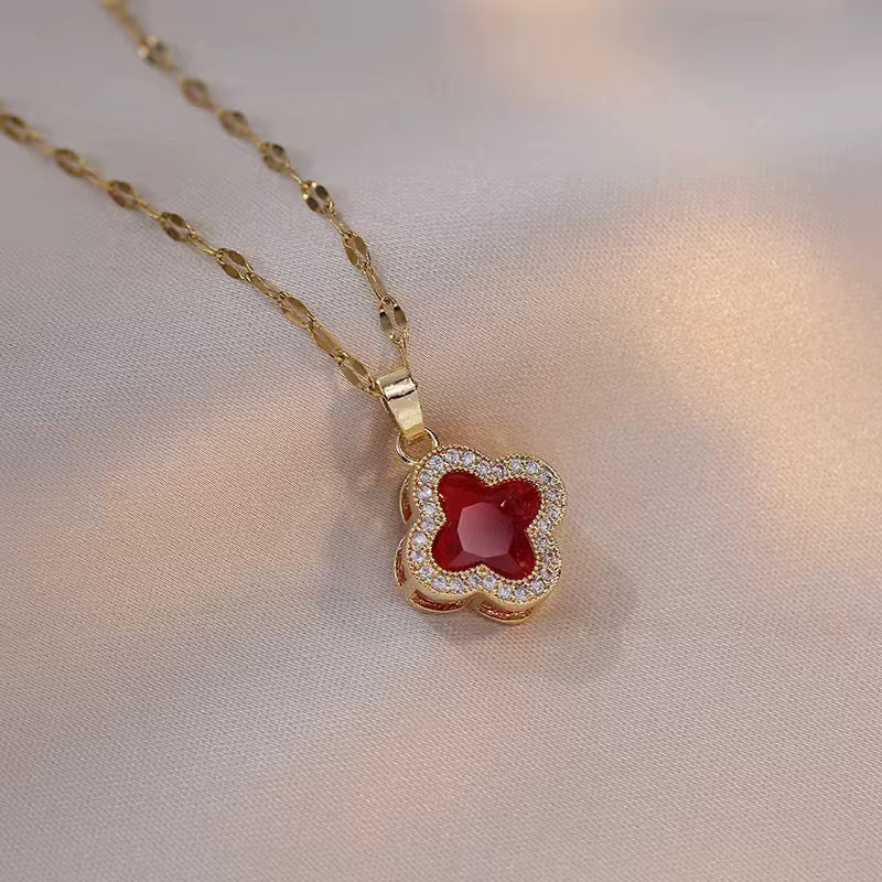 Trendy Crystal Four Leaf Clover Flower Pendant Necklace- Red